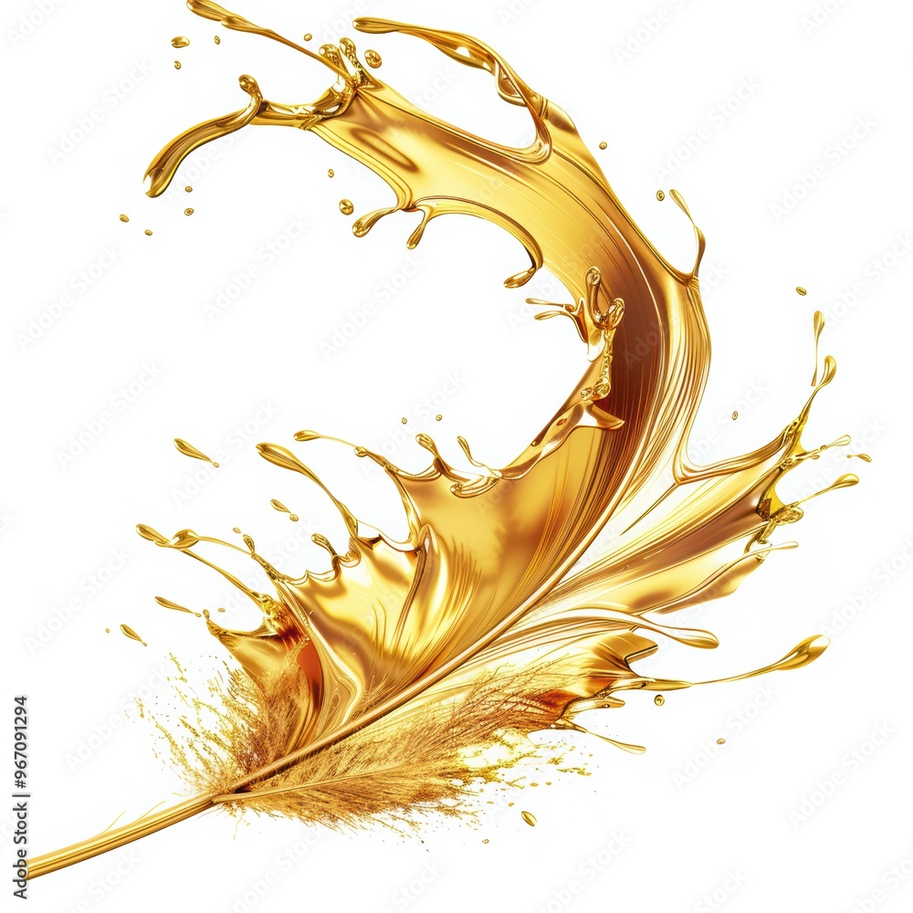 Poster ink splash on feather on white background with abstract splatter pattern in golden yellow shades, co