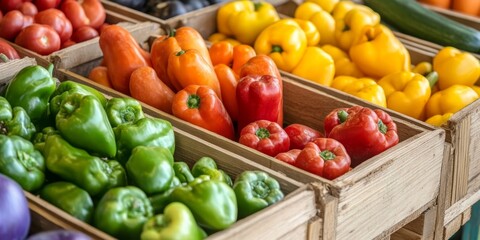 Fresh Organic Vegetables in Rustic Wooden Crate: Vibrant Farmers Market Scene. Healthy Living and Nutritious Cooking Ingredients for Vegetarian Cuisine. Local Produce Promotion for Seasonal Sales and 