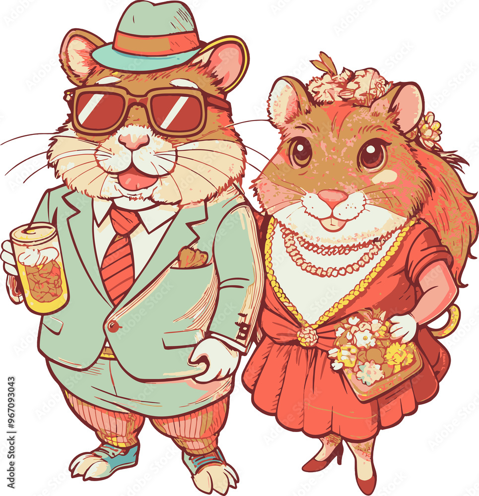 Wall mural cartoon. couple of fashionable hamsters. vintage style.