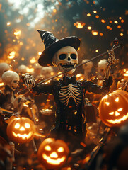 Halloween party with skeletons in costumes, surrounded by glowing jack-o'-lanterns and spooky decorations, creating a festive atmosphere.