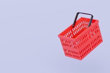 Fototapeta premium 3D Red Shopping basket icon isolated on purple background. Online Shopping Concept, E-Commerce logistic delivery Concept. Minimal Empty red shopping basket plastic icon creative design. 3d render.