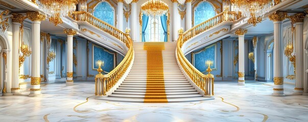 Grand staircase in a luxurious mansion, marble steps, ornate golden railing, chandelier lighting, baroque style, highly detailed, photo-realistic