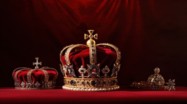 Regal Crown Jewels on red background with copy space, black background