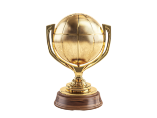 a gold trophy with a globe on a wooden base