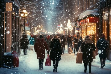 Obraz premium Snowy Night Street Scene with People and Storefronts