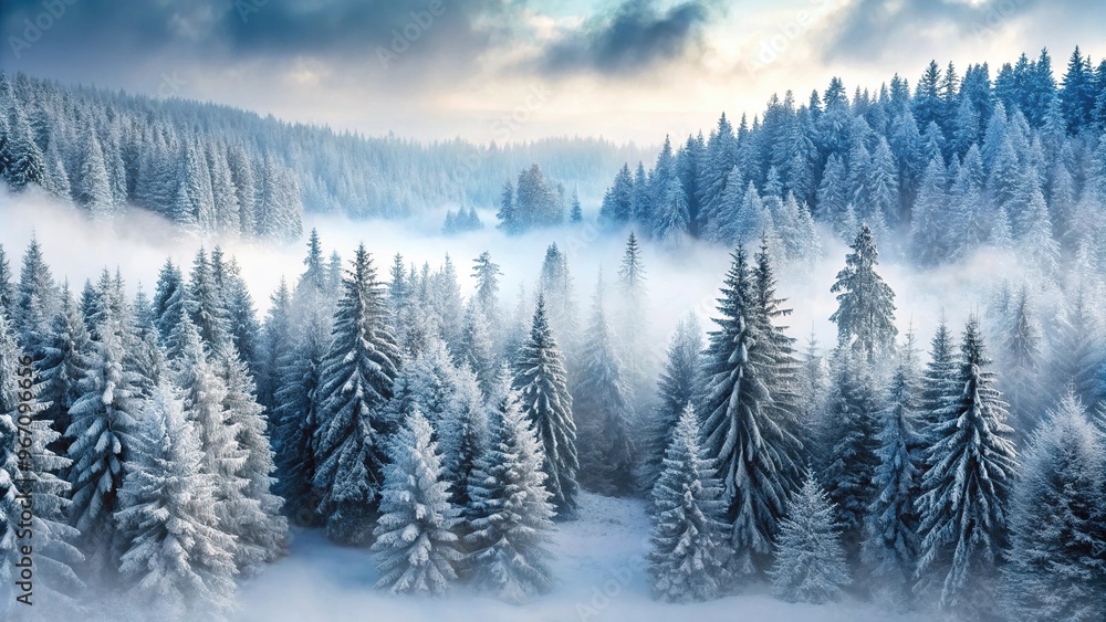 Canvas Prints Winter forest landscape path and trees covered with snow in foggy forest Close-Up