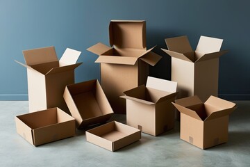 Diverse Cardboard Containers and Boxes for Packing in Various Views, Both Open and Closed