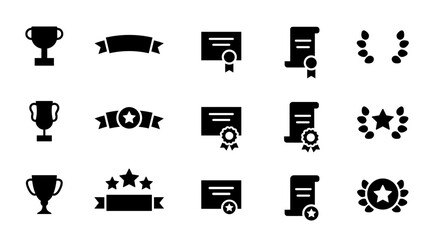 Rewards Icons set. Cups, Awards, Medals, Diplomas, Champion, Laurel Wreath, Certificate, Stars, Winner, Ribbon. Vector illustration in monochrome style of icons. Collection of black pictogram
