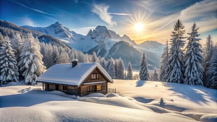 Fototapeta premium Winter landscape in the mountains with house in forced perspective