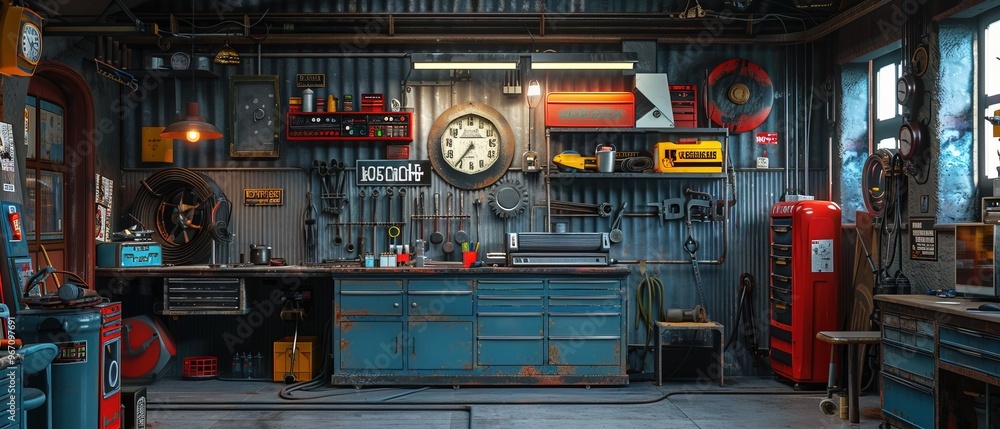 Wall mural Interior garage with mechanic tools 