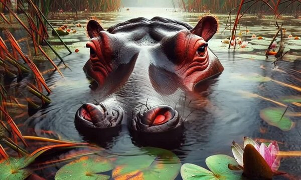 a hippo is bathing in a swamp