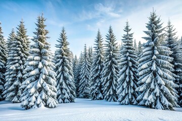 Winter landscape with snow-covered tall evergreen trees