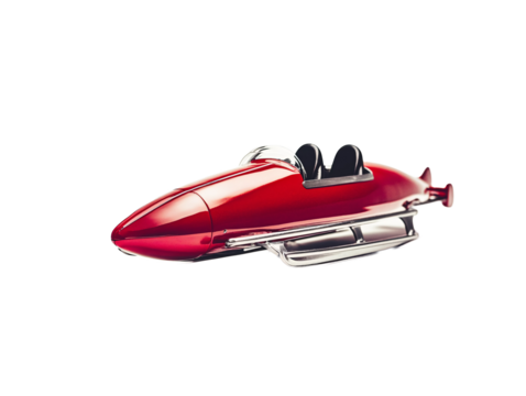 a red toy rocket with silver handles
