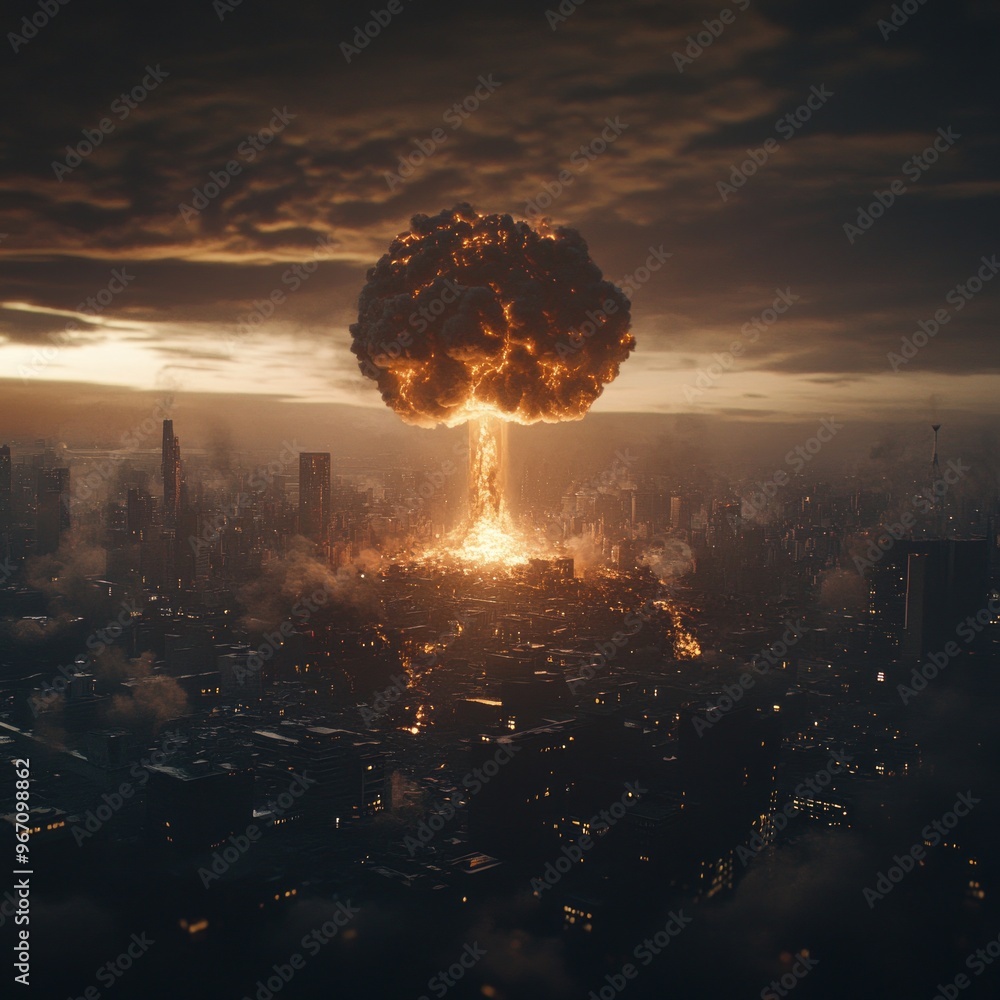 Canvas Prints A mushroom cloud rises over a cityscape after a nuclear explosion.