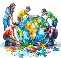 Diverse Individuals Collaborating to Create a Global Unity