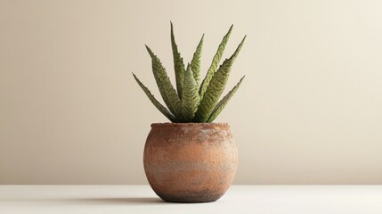 A potted succulent plant with green leaves and brown speckled pot