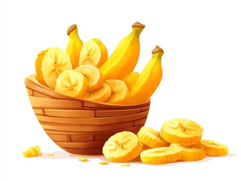 yellow bananas in wooden basket, sliced fruit clip art preview
