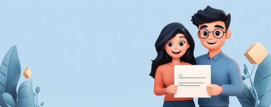 Home loan pre-approval, happy borrower holding letter, 3D illustration