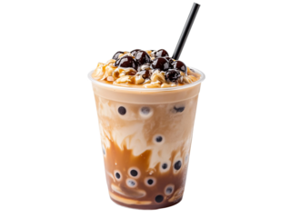 a cup of bubble tea with brown liquid and black straw