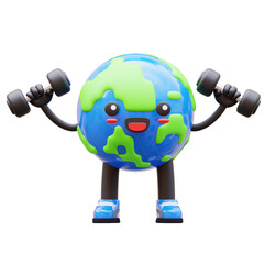 3D Earth character lifting dumbbells, ideal for fitness, health, and wellness themes
