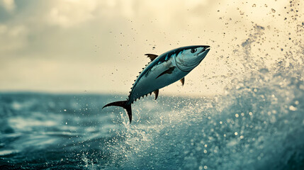 dynamic image of a tuna fish leaping out of the ocean, with water droplets flying, capturing the moment of pure energy