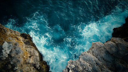 Turquoise Waves Crash Between Rocky Cliffs at the Ocean