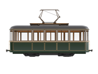 a green trolley car with wooden windows