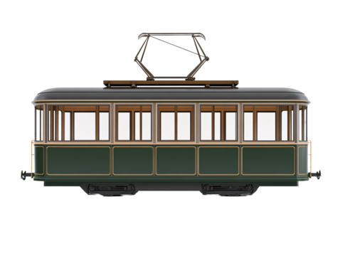 a green trolley car with wooden windows