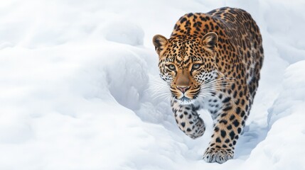 Naklejka premium A Leopard Walking Through a Snowy Landscape