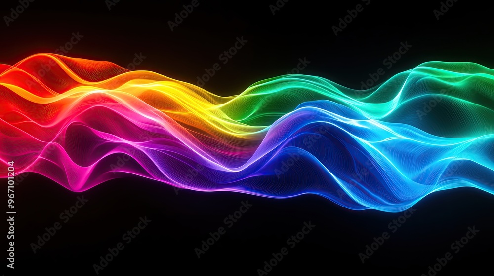 Poster vibrant wave of colors flowing in a dynamic pattern against a dark background, showcasing a beautifu