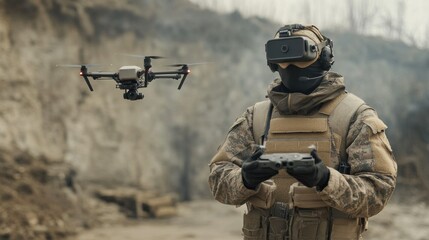 Soldiers, army operations personnel wearing military uniforms, glasses Controlling the drone used in the military