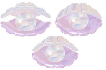 3d icon of shell and pearl holographic isolated on transparent background