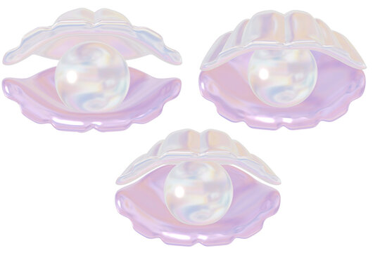 3d icon of shell and pearl holographic isolated on transparent background
