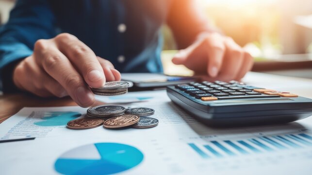 Accountant counting company profits using calculator and holding coins - Powered by Adobe
