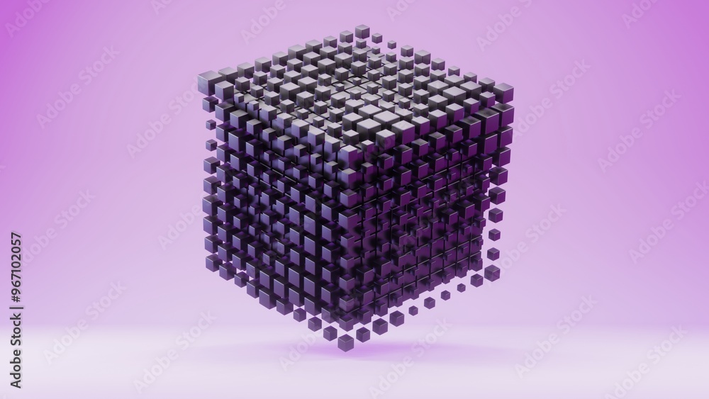 Leinwandbilder floating cube structure composed of smaller black cubes on a purple background