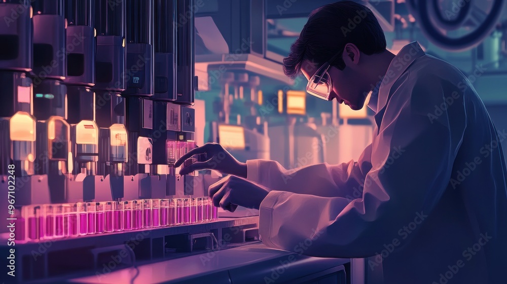 Poster scientist examining samples in a laboratory setting