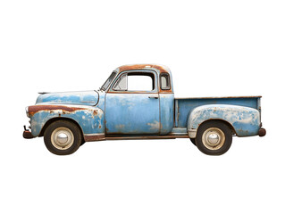 a blue truck with rust on the side