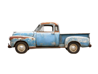 a blue truck with rust on the side