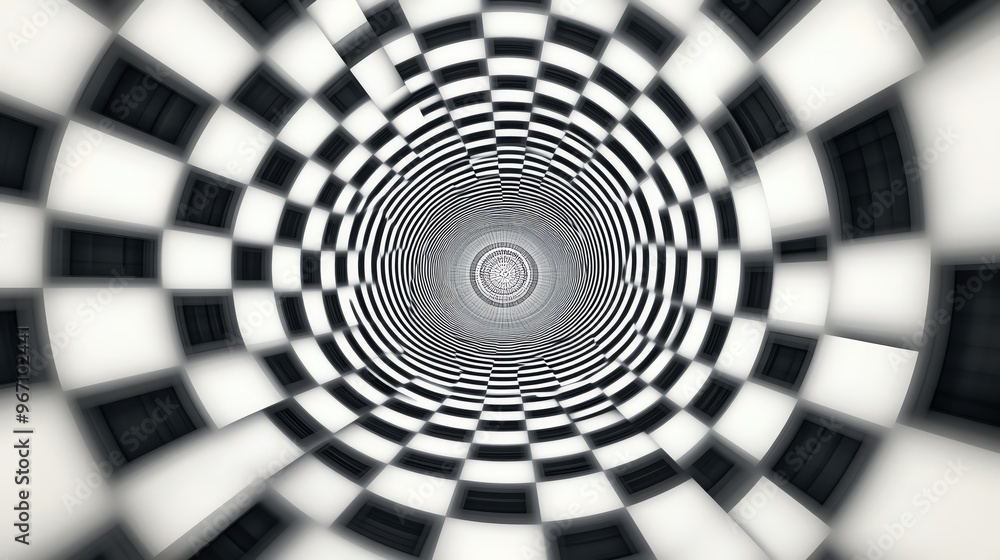 Poster a mesmerizing spiral of black and white checkered patterns, creating a sense of depth and illusion i