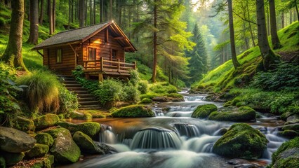Wooden house in forest with stream