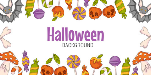 Halloween background, horizontal vector poster or banner with sweets frame. Candies, lollipop, skull shape cherry, bones, amanita and bat. Flat illustration for festival, party, invitation, sale