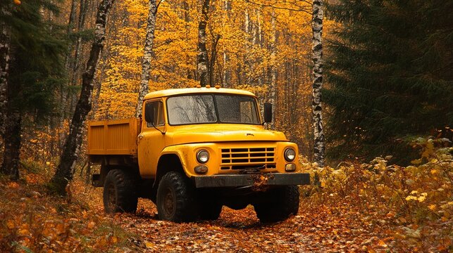  Yellow truck and autumn forest
