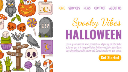 Fototapeta premium Halloween landing page vector template. Holiday flat side frame with tombstone, spell book, raven, skull shape cherry, bat, zombie hand, pumpkin icons. For website, web page, online, banner, sale