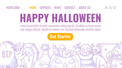 Halloween minimalist landing page vector template. Holiday flat bottom frame. Scary, spooky purple icons. Tombstone, coffin, zombie hand, pumpkin, sweets. For website, web page, online, banner, party.