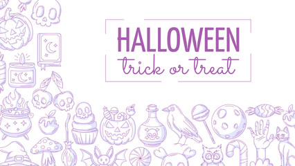 Halloween minimalist banner, horizontal background with spooky, scary icons. Flat vector illustration, monochrome purple corner border frame, holiday text. For festival, party, invitation, poster