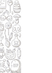 Halloween poster, vertical a4 vector background, space for text. Minimalist gray icons, left side border frame. Holiday skull, sweets, zombie hand, pumpkin. For banner, invitation, party, planner