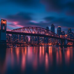 Fototapeta premium An iconic city bridge at dusk, captured in stunning travel photography with vibrant colors lighting the skyline.