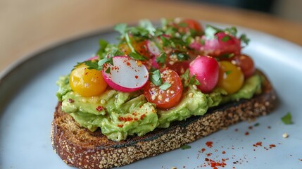 21. A vibrant avocado toast topped with cherry tomatoes, radishes, and a sprinkle of chili flakes