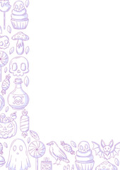 Halloween poster, vertical a4 vector background, space for text. Minimalist purple scary icons corner border frame. Spooky ghost, skull,  raven, holiday pumpkin. For banner, invitation, party, planner