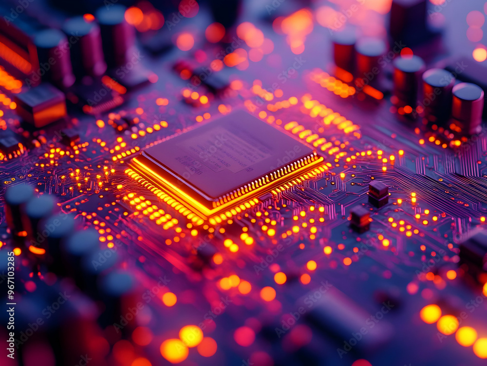 Poster glowing cpu on circuit board: technology, electronics, microchip